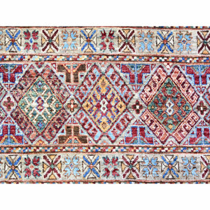 8'1"x10'4" Spatial White, Natural Dyes Densely Woven Shiny Wool Hand Knotted, Afghan Super Kazak with Khorjin Design with Colorful Tassels, Oriental Rug FWR447810