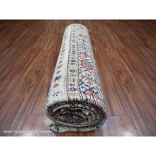 Load image into Gallery viewer, 8&#39;1&quot;x10&#39;4&quot; Spatial White, Natural Dyes Densely Woven Shiny Wool Hand Knotted, Afghan Super Kazak with Khorjin Design with Colorful Tassels, Oriental Rug FWR447810