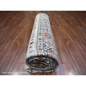 8'1"x10'4" Spatial White, Natural Dyes Densely Woven Shiny Wool Hand Knotted, Afghan Super Kazak with Khorjin Design with Colorful Tassels, Oriental Rug FWR447810