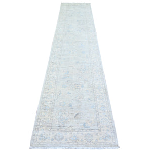 2'6"x12'2" Gray Goose, Washed Out Peshawar with Faded Colors, Vegetable Dyes, Extra Soft Wool, Hand Knotted, Runner Oriental Rug FWR447882