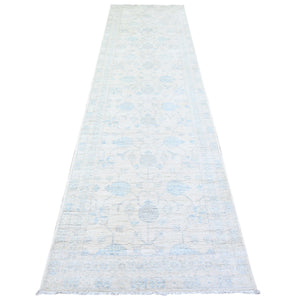 3'1"x11'7" DecoratorÕs White, Vegetable Dyes, Washed Out Peshawar with Faded Designs, Extra Soft Wool, Hand Knotted, Runner Oriental Rug FWR447894