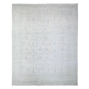7'10"x9'5" Anti-Flash White, Hand Knotted, White Wash Khotan Inspired Pomegranate Design, Shiny Wool, Oriental Rug FWR448002