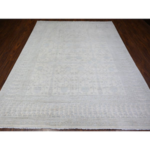 7'10"x9'5" Anti-Flash White, Hand Knotted, White Wash Khotan Inspired Pomegranate Design, Shiny Wool, Oriental Rug FWR448002