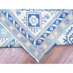 9'10"x13'7" Rudy Blue with Commercial White, Hand Knotted, Soft Wool, Vintage Look Kazak with Large Elements, Vegetable Dyes, Oriental Rug FWR448260