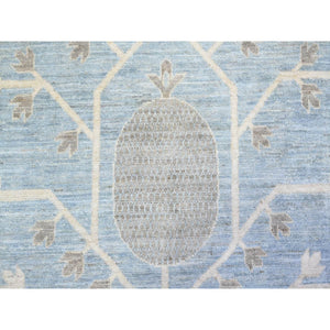 11'10"x17'4" Arctic Blue, Hand Knotted, White Wash Khotan and Samarkand Inspired Pomegranate Design, Organic Wool, Oversized Oriental Rug FWR448362