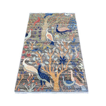 Load image into Gallery viewer, 3&#39;2&quot;x5&#39; Mink Gray, Pure Wool Afghan Peshawar with Birds of Paradise Design, Abrash, Natural Dyes, Hand Knotted, Oriental Rug FWR448368