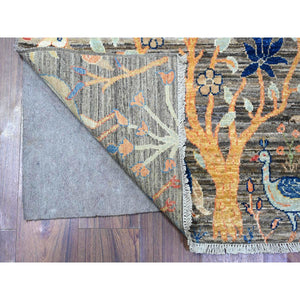 3'2"x5' Mink Gray, Pure Wool Afghan Peshawar with Birds of Paradise Design, Abrash, Natural Dyes, Hand Knotted, Oriental Rug FWR448368