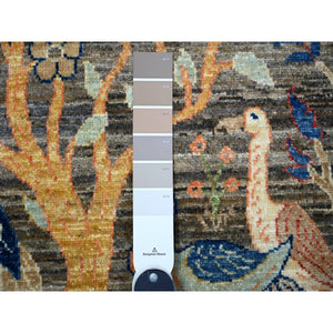 3'2"x5' Mink Gray, Pure Wool Afghan Peshawar with Birds of Paradise Design, Abrash, Natural Dyes, Hand Knotted, Oriental Rug FWR448368