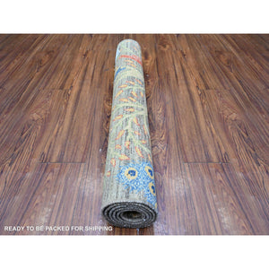3'2"x5' Mink Gray, Pure Wool Afghan Peshawar with Birds of Paradise Design, Abrash, Natural Dyes, Hand Knotted, Oriental Rug FWR448368