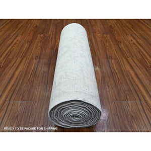 2'7"x19'1" Alabaster Ivory with Gray Cloud, White Wash Peshawar Faded Design, Soft and Shiny Wool, Vegetable Dyes, Hand Knotted, XL Runner Oriental Rug FWR448662