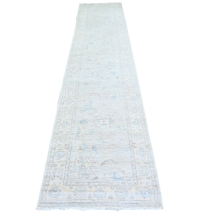 2'8"x12'2" Ice Gray, Vegetable Dyes, Peshawar Washed Out Faded Designs, Organic Wool, Hand Knotted, Runner Oriental Rug FWR448668