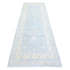 3'8"x10'2" Glaucous Gray, High Grade Wool, Hand Knotted, Washed Out Khotan and Samarkand Inspired Pomegranate Design, Runner Oriental Rug FWR448722