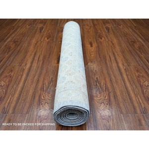 3'8"x10'2" Glaucous Gray, High Grade Wool, Hand Knotted, Washed Out Khotan and Samarkand Inspired Pomegranate Design, Runner Oriental Rug FWR448722