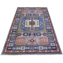 Load image into Gallery viewer, 5&#39;x7&#39;2&quot; Uranian Blue, Shiny and Soft Wool, Natural Dyes, Hand Knotted, Afghan Super Kazak with Geometric Medallions, Natural Dyes, Oriental Rug FWR448794