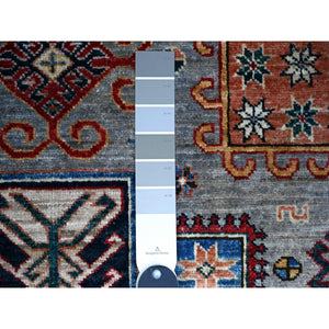 5'x7'2" Uranian Blue, Shiny and Soft Wool, Natural Dyes, Hand Knotted, Afghan Super Kazak with Geometric Medallions, Natural Dyes, Oriental Rug FWR448794