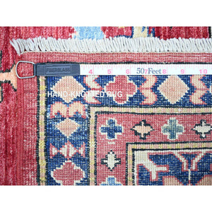 7'x9'8" Chili Red, Natural Dyes, Natural Wool Hand Knotted, Afghan Super Kazak with Geometric Medallion, Oriental Rug FWR448968