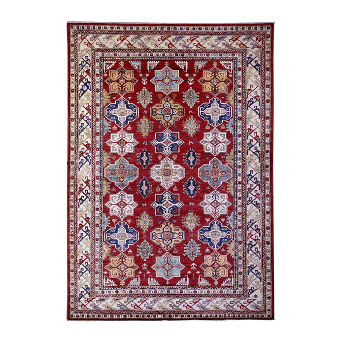 7'x10' Barn Red, Hand Knotted Afghan Super Kazak with Tribal Medallions Design, Natural Dyes, Soft and Shiny Wool, Oriental Rug FWR448974