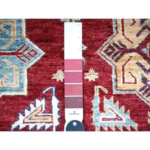 7'x10' Barn Red, Hand Knotted Afghan Super Kazak with Tribal Medallions Design, Natural Dyes, Soft and Shiny Wool, Oriental Rug FWR448974