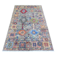 Load image into Gallery viewer, 4&#39;x6&#39;4&quot; Medium Gray, Densely Woven, Natural Dyes, Hand Knotted, Natural Wool, Peshawar with Colorful Mahal Design with Heavy Large Elements and Wide Border, Oriental Rug FWR449076