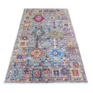4'x6'4" Medium Gray, Densely Woven, Natural Dyes, Hand Knotted, Natural Wool, Peshawar with Colorful Mahal Design with Heavy Large Elements and Wide Border, Oriental Rug FWR449076