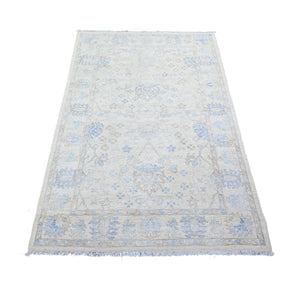 3'10"x5'9" Broken White, Vegetable Dyes, Peshawar with Washed Out Faded Colors, Shiny Wool, Hand Knotted, Oriental Rug FWR449268