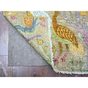 3'1"x5'1" Echo Gray, Vegetable Dyes, Afghan Peshawar with Birds of Paradise, 100%l Wool Hand Knotted, Runner Oriental Rug FWR449472