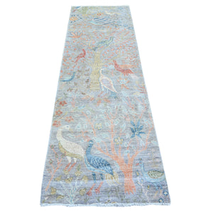 2'7"x8'3" Blue Gray, 100% Wool, Hand Knotted, Birds of Paradise Afghan Peshawar Design, Vegetable Dyes, Round Oriental Rug S74915 FWR449490