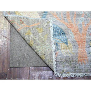 2'7"x8'3" Blue Gray, 100% Wool, Hand Knotted, Birds of Paradise Afghan Peshawar Design, Vegetable Dyes, Round Oriental Rug S74915 FWR449490