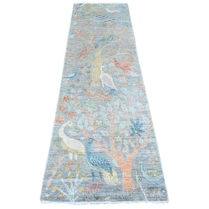 2'5"x8'3" Cadet Gray, Vegetable Dyes Birds of Paradise Hand Knotted Natural Wool Afghan Peshawar Designs, Round Oriental Rug FWR449502
