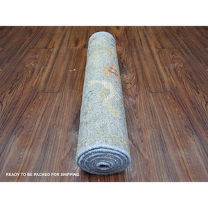 2'5"x8'3" Cadet Gray, Vegetable Dyes Birds of Paradise Hand Knotted Natural Wool Afghan Peshawar Designs, Round Oriental Rug FWR449502