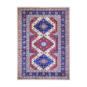 6'9"x9'4" Feather White with Cobalt Blue, Natural Dyes, Hand Knotted, Afghan Super Kazak with Tribal Medallion Design, Pure Wool, Oriental Rug FWR449532