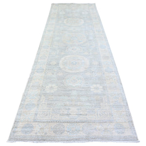 4'x12'2" Antique Pewter Gray, Faded Colors White Wash Peshawar, 100% Wool, Hand Knotted, Natural Dyes, Runner Oriental Rug FWR449718