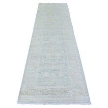 Load image into Gallery viewer, 3&#39;x9&#39;10&quot; Glaucous Gray with White Dove, Natural Dyes, Washed Out Peshawar with Faded Colors, 100% Wool, Hand Knotted, Runner Oriental Rug FWR449778