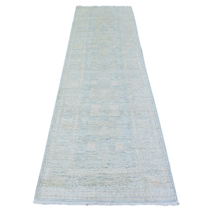 3'x9'10" Glaucous Gray with White Dove, Natural Dyes, Washed Out Peshawar with Faded Colors, 100% Wool, Hand Knotted, Runner Oriental Rug FWR449778