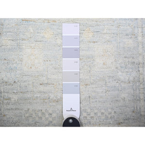 3'x9'10" Glaucous Gray with White Dove, Natural Dyes, Washed Out Peshawar with Faded Colors, 100% Wool, Hand Knotted, Runner Oriental Rug FWR449778