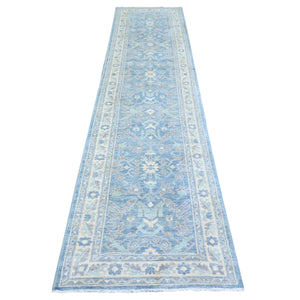 2'9"x11'5" Steel Blue, Densely Woven, Finer Peshawar Organic Wool Hand Knotted All Over Design, Runner Oriental Rug FWR449802