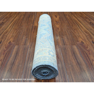 2'9"x11'5" Steel Blue, Densely Woven, Finer Peshawar Organic Wool Hand Knotted All Over Design, Runner Oriental Rug FWR449802