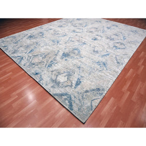 12'1"x15'2" Hand Knotted Ivory Large Elements with Pastels Modern Silk with Textured Wool Oversized Oriental Rug FWR450072