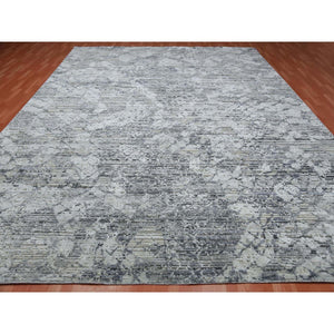 11'9"x15'3" Oversized Pure Silk and Textured Wool Gray with Touches of Beige Hand Knotted Modern Design Oriental Rug FWR450078