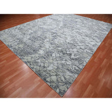 Load image into Gallery viewer, 11&#39;9&quot;x15&#39;3&quot; Oversized Pure Silk and Textured Wool Gray with Touches of Beige Hand Knotted Modern Design Oriental Rug FWR450078