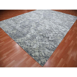 11'9"x15'3" Oversized Pure Silk and Textured Wool Gray with Touches of Beige Hand Knotted Modern Design Oriental Rug FWR450078