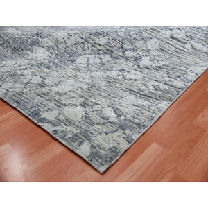 11'9"x15'3" Oversized Pure Silk and Textured Wool Gray with Touches of Beige Hand Knotted Modern Design Oriental Rug FWR450078