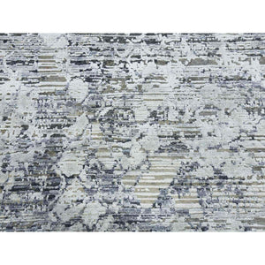 11'9"x15'3" Oversized Pure Silk and Textured Wool Gray with Touches of Beige Hand Knotted Modern Design Oriental Rug FWR450078