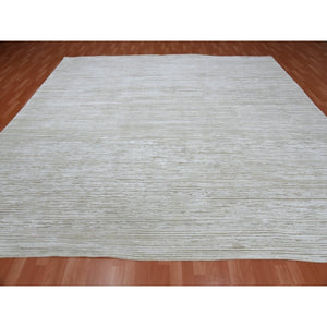 11'10"x11'10" Hand Knotted Ivory Silk with Textured Wool Tone on Tone Striae Design Hi-Low Pile Oriental Square Rug FWR450096