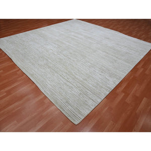 11'10"x11'10" Hand Knotted Ivory Silk with Textured Wool Tone on Tone Striae Design Hi-Low Pile Oriental Square Rug FWR450096
