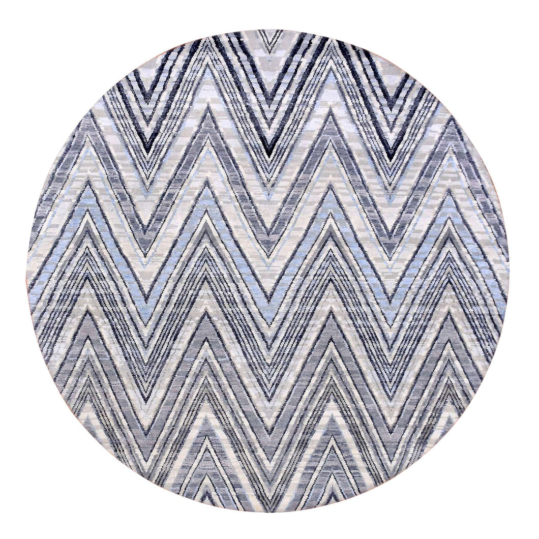 6'x6' Round Chevron Design Modern Textured Wool and Pure Silk Hand Knotted Ivory Oriental Rug FWR450174