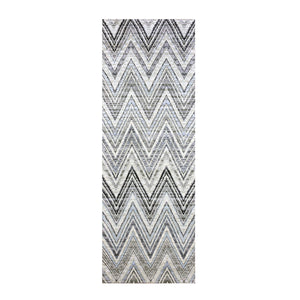 4'2"x12'4" Ivory Chevron Design Modern Textured Wool and Pure Silk Hand Knotted Oriental Wide Runner Rug FWR450180