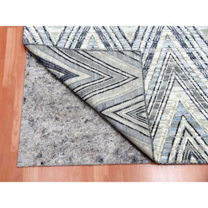 4'2"x12'4" Ivory Chevron Design Modern Textured Wool and Pure Silk Hand Knotted Oriental Wide Runner Rug FWR450180