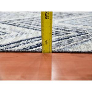 4'2"x12'4" Ivory Chevron Design Modern Textured Wool and Pure Silk Hand Knotted Oriental Wide Runner Rug FWR450180