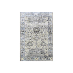 3'x5'2" Gray, Hand Knotted Oushak With Geometric Motif, Pure Silk And Textured Wool, Oriental Rug FWR450222